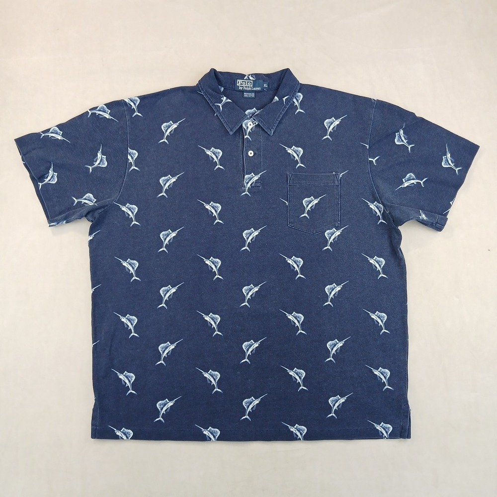 Vintage Polo Ralph Lauren XL Mens Shirt 24x28 Pique Knit Marlin 90s FLAW